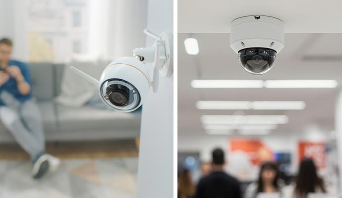 Collage of security camera installed in home and business area