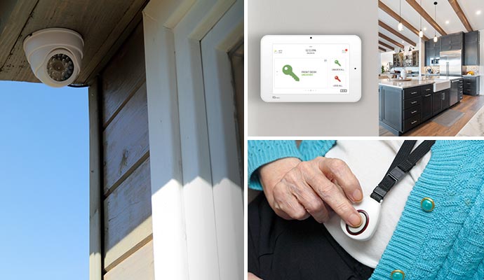 Collage of security camera, interactive panel and medical alert system