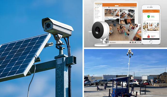Collage of security camera with solar panel, business monitoring and mobile surveillance camera