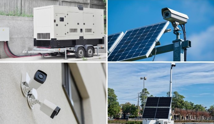 Collage of smart generator solar camera wireless camera and mobile trailers