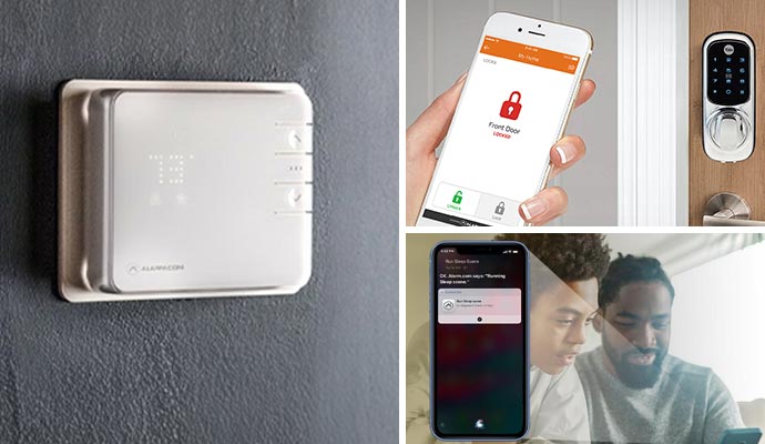 Collage of smart thermostat, door lock, and voice control