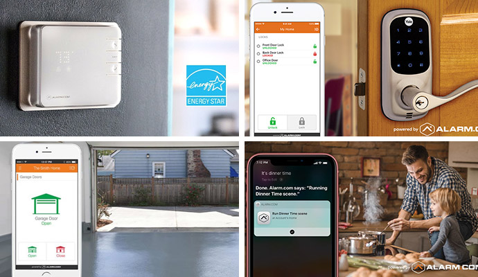 Collage of smart thermostat, door lock, garage door and voice control system