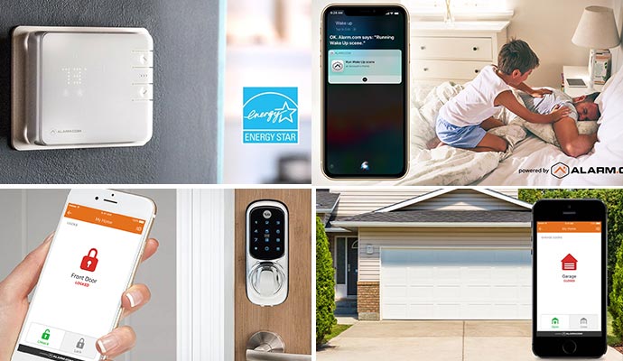 Collage of smart thermostat, voice control system, smart door lock and app controlled garage door