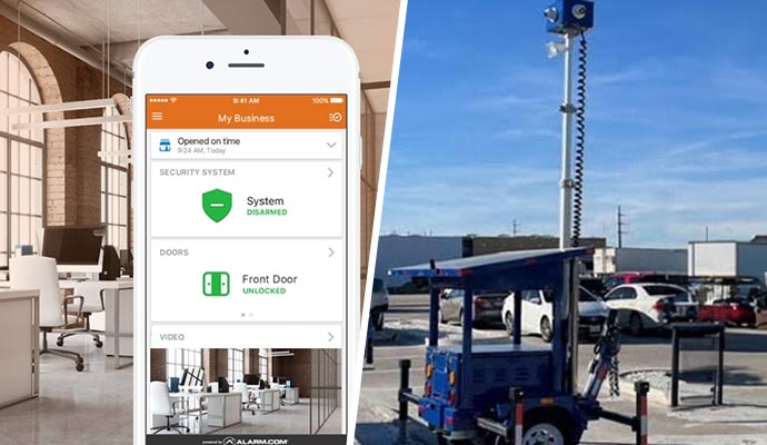Collage of real-time office alerts on smartphone and portable security monitoring