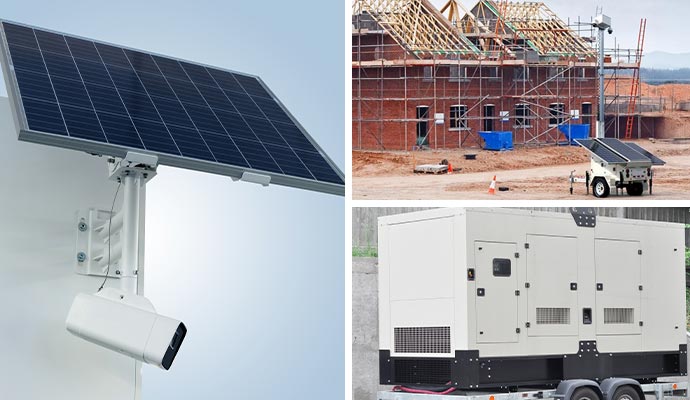 Collage of solar camera trailer construction monitoring and equipment hub