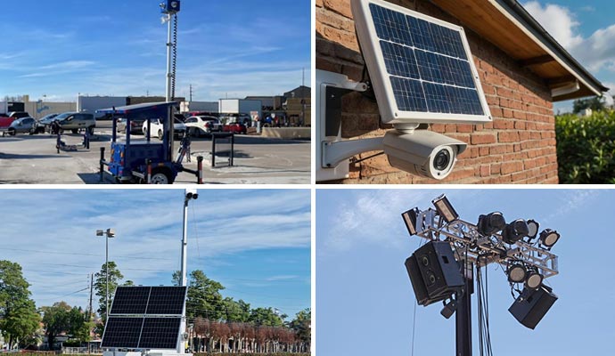 Collage of solar-powered surveillance camera and two-way speaker
