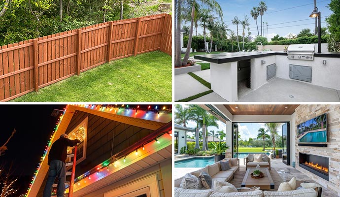 Collage of wooden fence, outdoor kitchen, lighting, and outdoor TV