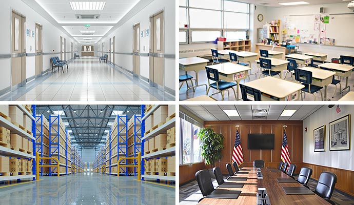 Collage of hospitals, schools, warehouses and office meeting rooms secured with commercial security solutions