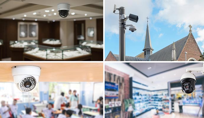 Collage of commercial security cameras installed in retail stores, churches, schools and business environments