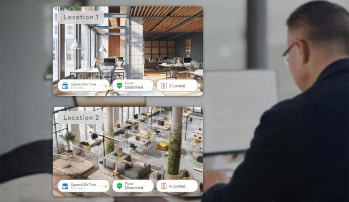 Manager monitoring multi-location commercial business security video feeds