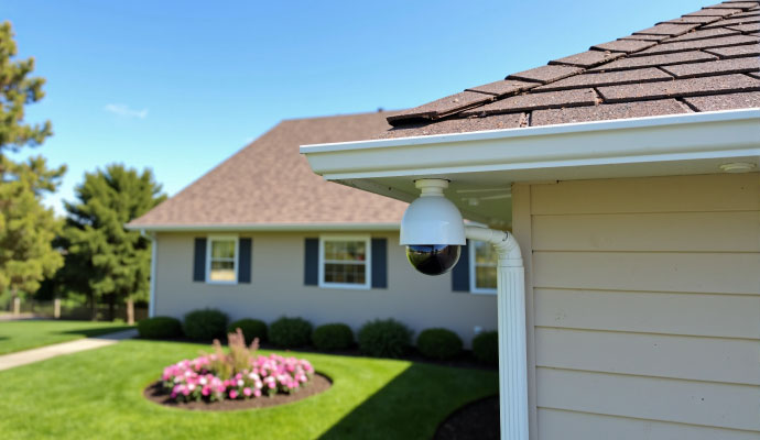 Dome security camera installed under home roof gutter