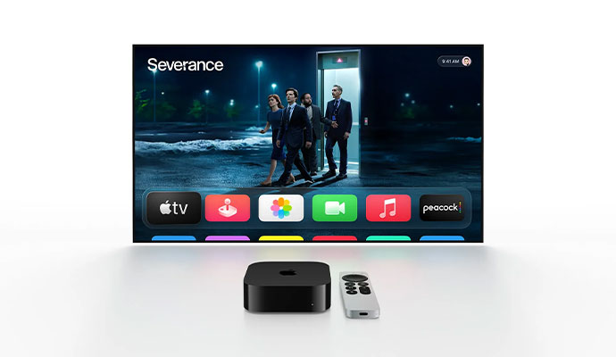 A high-definition television displaying the Apple TV 4K interface with popular streaming apps