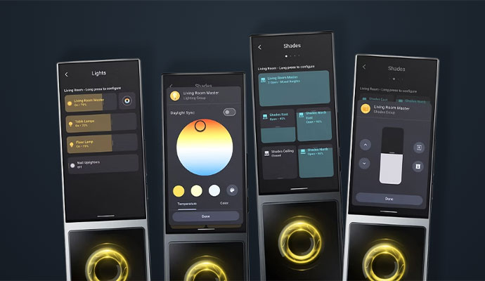 Four AVA remote screens side-by-side showing various smart home control interfaces