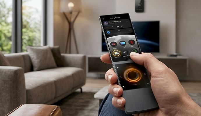 A close-up view of a person holding a remote