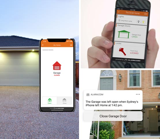 Collage of closed garage door, smart locks, and door status alerts via smartphone