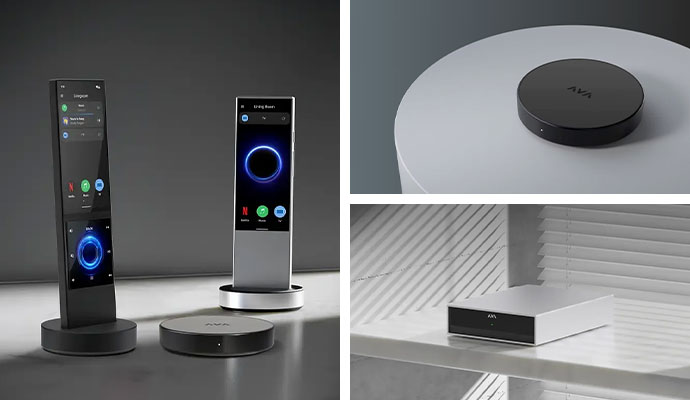 A collage of AVA home automation products including two touchscreen remotes in docking stations, a circular AVA Nano hub, and a rectangular silver AVA Cinema Remote processor