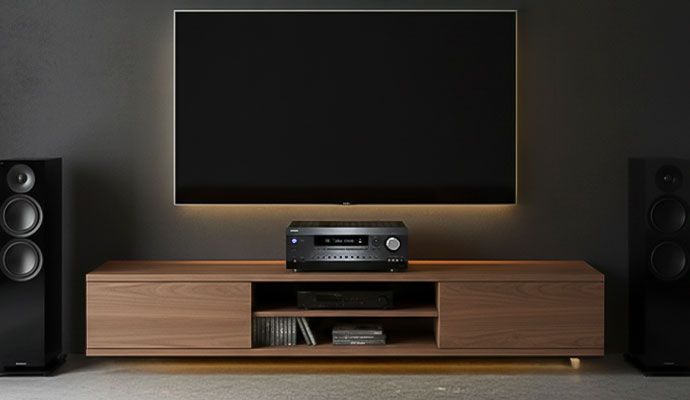 A high-performance Onkyo AV receiver centered on a long walnut media console