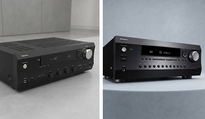 A side-by-side comparison of two black Integra AV receivers