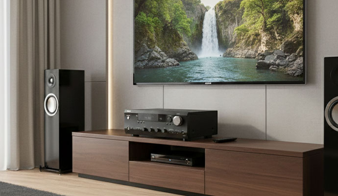 A modern living room setup featuring an Integra receiver on a dark wood media console