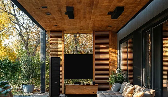 A pair of white KEF Ventura outdoor speakers mounted to a warm wood-slatted ceiling