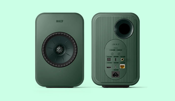 Front and rear view of the KEF LSX II LT wireless speakers in Sage Green