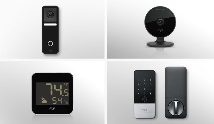 A grid of smart home devices featuring a doorbell, camera, Eve weather station, and a smart lock.
