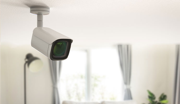A sleek white indoor security camera mounted to a ceiling in a bright, modern living room