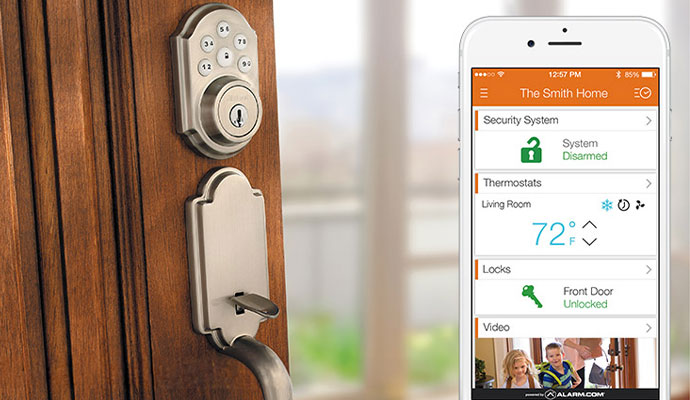 Smart lock installed on a wooden door