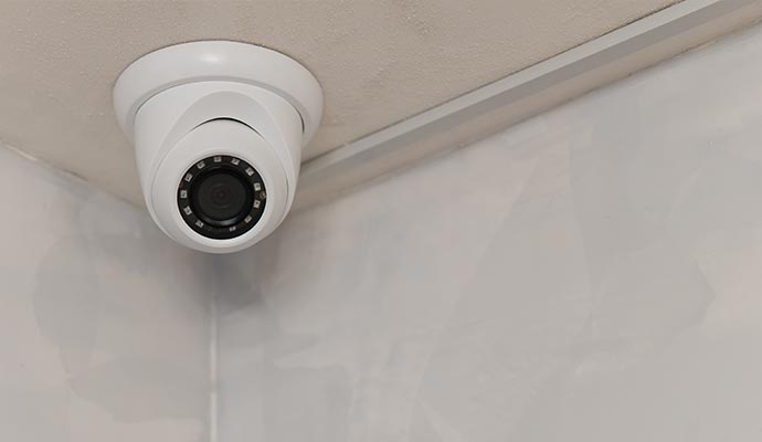 Turret security camera mounted on the ceiling of a residential house