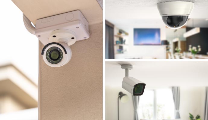 Collage of dome camera, indoor camera, and outdoor camera