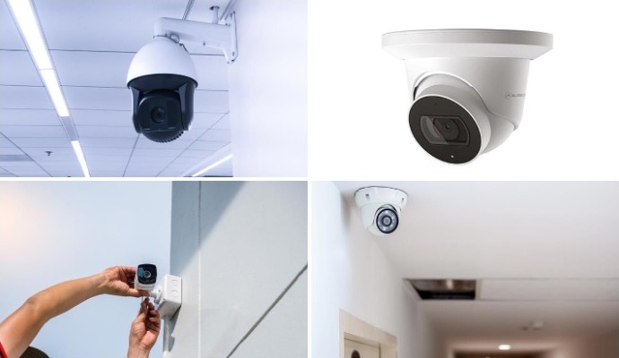 Collage of dome camera, turret camera, outdoor camera and indoor camera