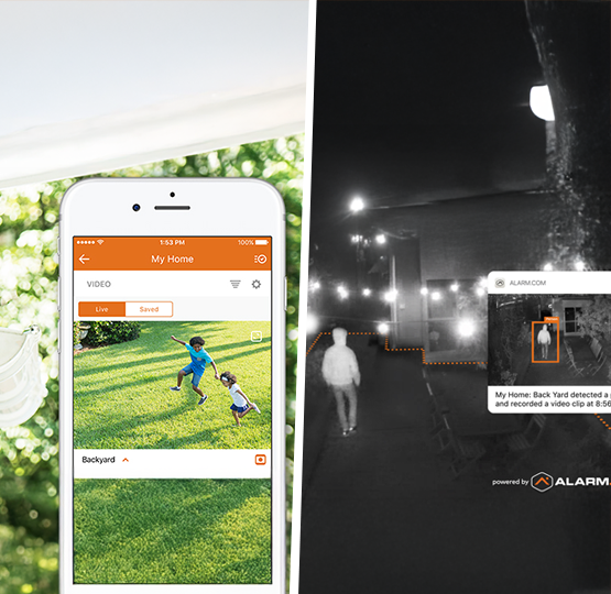 Collage of live view and night vision footage from outdoor security cameras