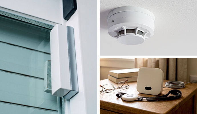 Monitored home security devices including motion sensor smoke detector and medical alert pendant