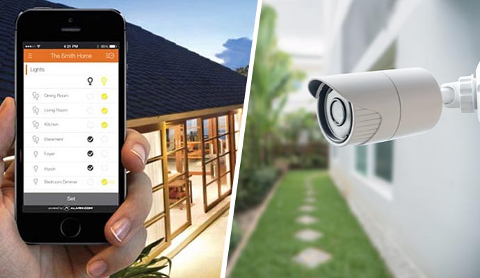 Collage of smart lighting system app interface and security camera