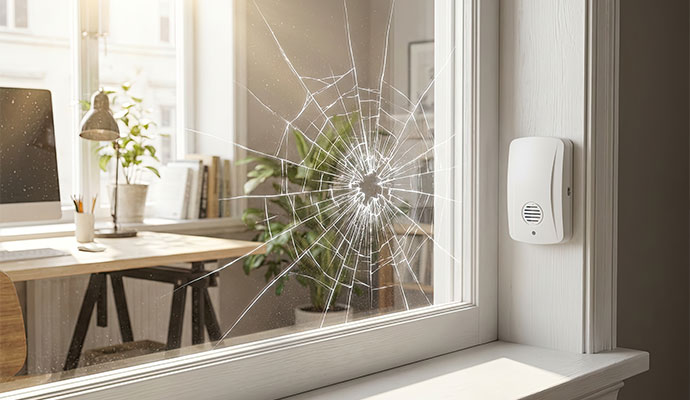 Glass break detector installed near a broken window glass