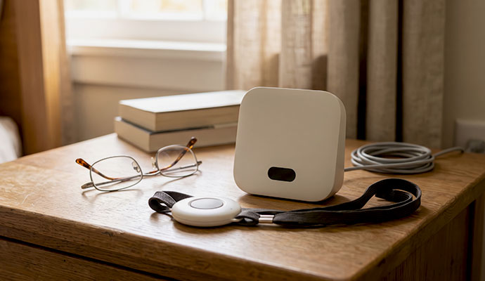 Medical alert base unit and wearable emergency pendant on bedside table