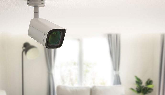 Indoor security camera mounted on ceiling overlooking living area