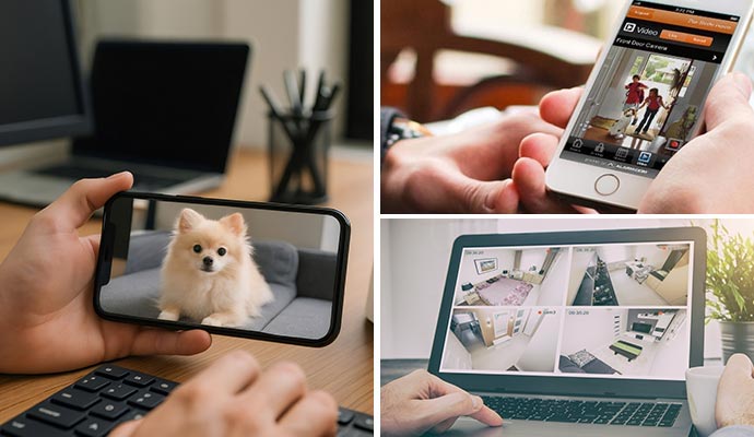 Indoor security camera capturing pet, child, and other room activities
