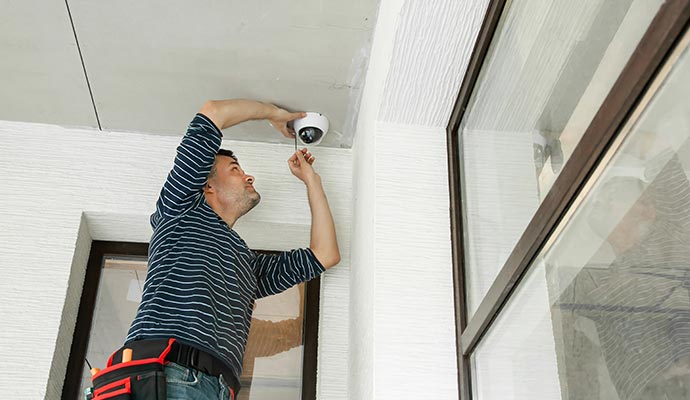 Technician is installing security camera on the white ceiling