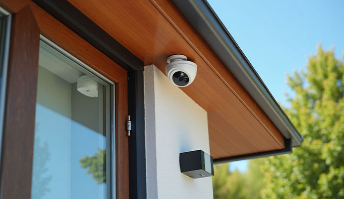 Outdoor dome security camera installed under the roof eave of a home
