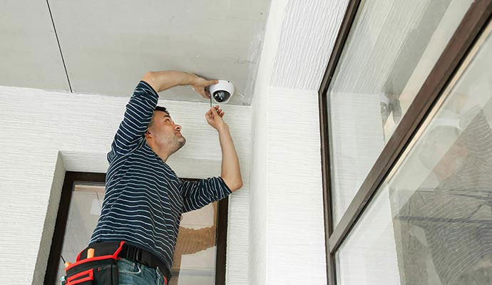 Technician installing an indoor dome security camera on the ceiling