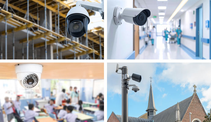 Collage of security cameras installed at a construction site, hospital hallway, school classroom, and church