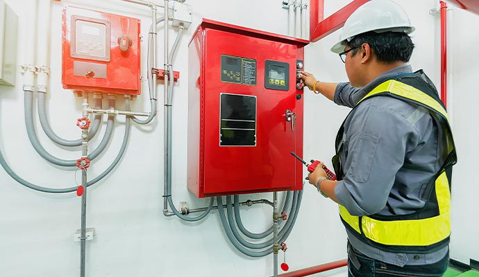 An expert is inspecting fire alarm system