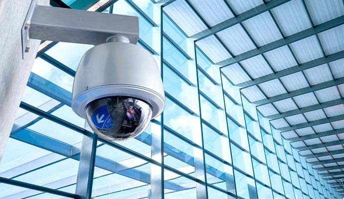 Cloud hosted commercial dome security camera in high glass atrium