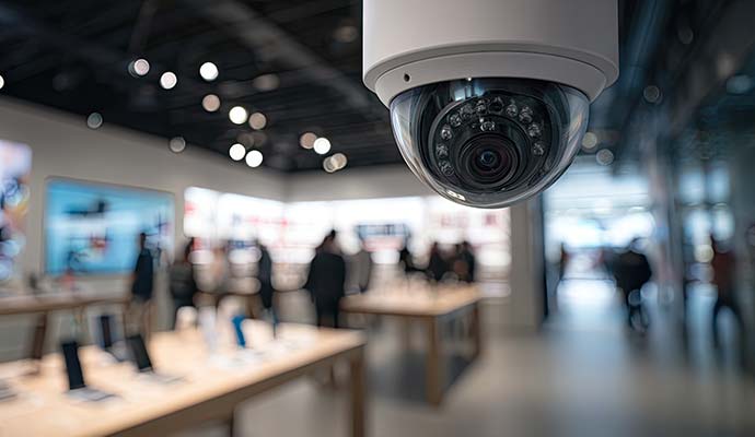 Installed indoor dome security camera installed in retail store ceiling