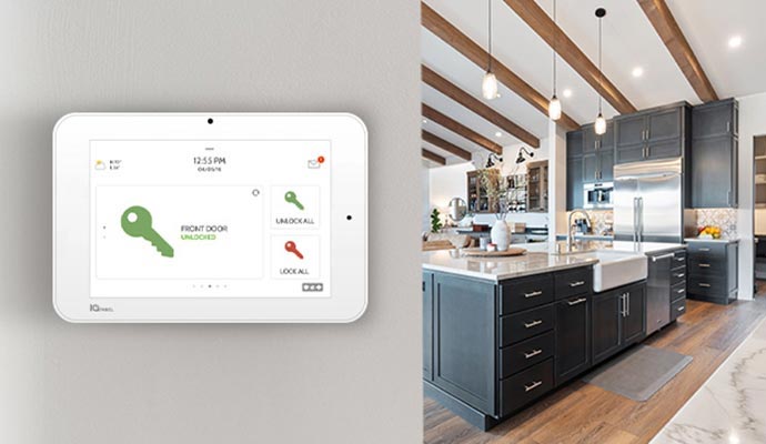 Interactive smart home security panel installed inside modern kitchen and residential living space