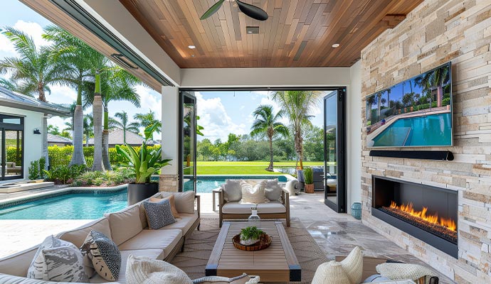 Covered patio outdoor living space with TV and comfortable furniture