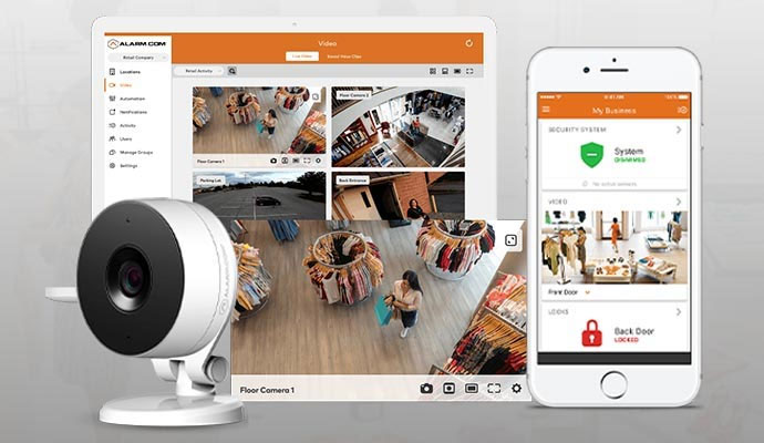 Cloud-based video surveillance app on monitor and smartphone