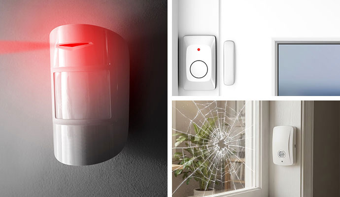 Motion detector, door contact, and glass break alarm sensors