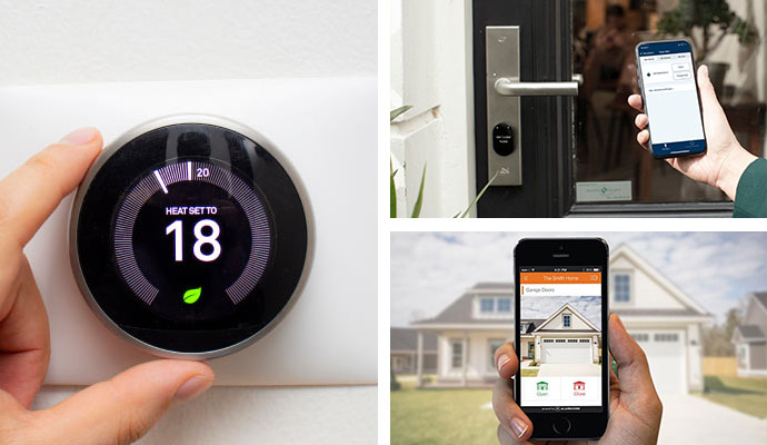 Smart thermostat, door lock, and garage automation controls